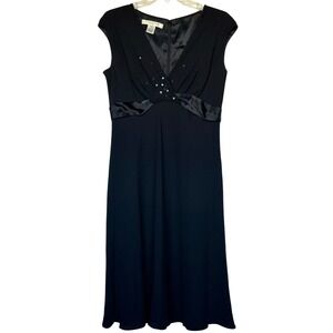 Evan Picone Black Beaded V-Neck Midi Dress Cap Sleeve Satin Trim Classic 10